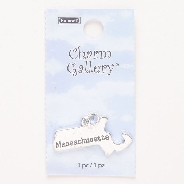 Charm, steel and enamel, pkg/1, silver finish and black, 31x16mm with "Massachusetts." image number 0