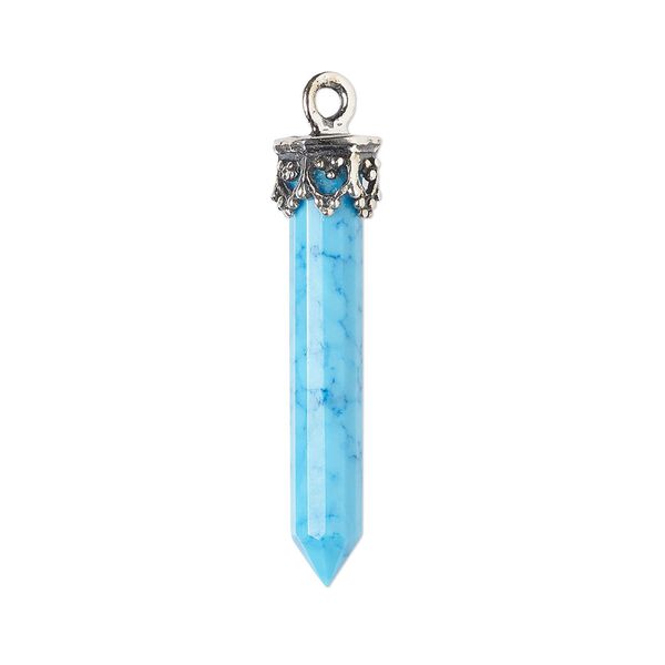 Drop, "turquoise" (resin) (imitation) and antiqued sterling silver, 20x4mm-26x6mm hand-cut 3D faceted point. Sold individually. image number 0