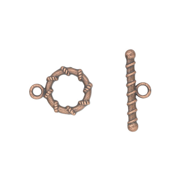 Clasp, toggle, antique copper-plated "pewter" (zinc-based alloy), 11mm double-sided round. Sold per pkg of 20. image number 0