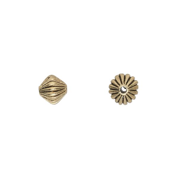 Bead, antique gold-finished "pewter" (zinc-based alloy), 7x7mm corrugated bicone. Sold per pkg of 20. image number 0