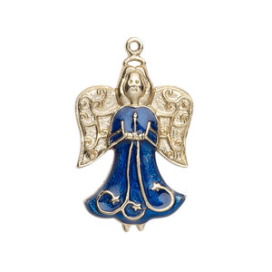 Charm, gold-finished "pewter" (zinc-based alloy) and enamel, sapphire blue, 27x19mm single-sided angel. Sold individually.
