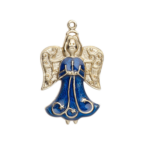 Charm, gold-finished "pewter" (zinc-based alloy) and enamel, sapphire blue, 27x19mm single-sided angel. Sold individually. image number 0