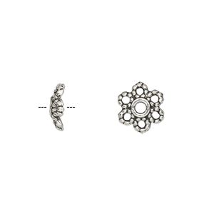 Bead cap, antique silver-plated "pewter" (zinc-based alloy), 10x3mm flower, fits 8-14mm bead. Sold per pkg of 50.