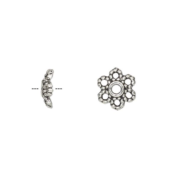 Bead cap, antique silver-plated "pewter" (zinc-based alloy), 10x3mm flower, fits 8-14mm bead. Sold per pkg of 50. image number 0