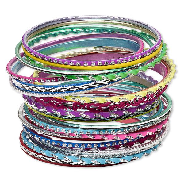 Bracelet, bangle, aluminum, assorted neon colors with glitter, 2.5-7mm wide, 8 inches. Sold per 24-piece set. image number 0