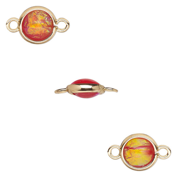 Link, Opalized Ice™, "opal" (resin) and gold-finished brass, orange, 9.5mm double-sided round. Sold per pkg of 6. image number 0