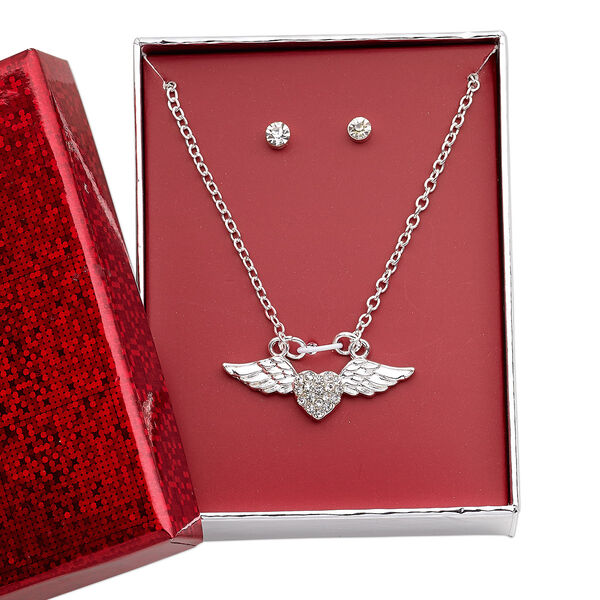 Necklace and earring set, glass rhinestone / silver-finished brass / steel / "pewter" (zinc-based alloy), clear, 34x12.5mm heart with wings, 15" to 16" necklace with 3-inch extender chain and lobster claw clasp, 4mm round with post. Sold per set. image number 0
