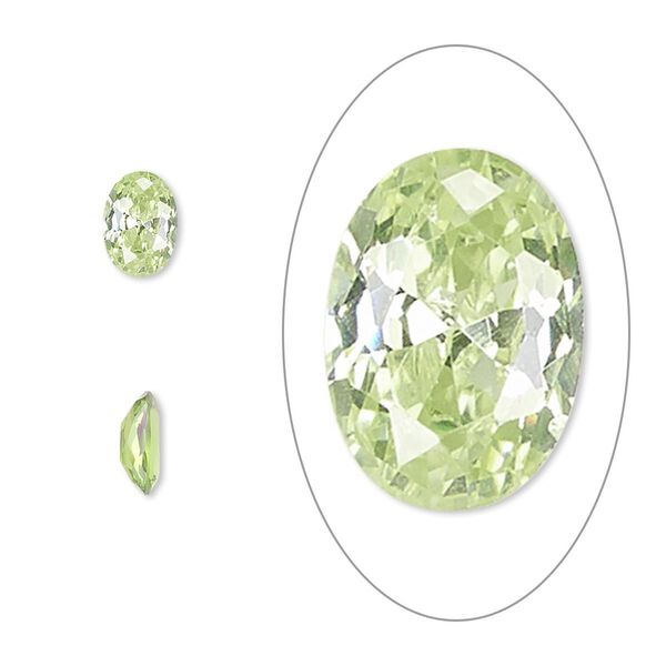 Gem, cubic zirconia, peridot green, 7x5mm faceted oval, Mohs hardness 8-1/2. Sold per pkg of 2. image number 0