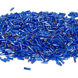 Bead, Miyuki, bugle bead, glass, pkg/50 g, 6x2mm center-drilled twisted, silver-lined translucent sapphire blue, (TW-20).
