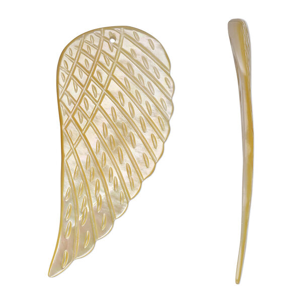 Focal, golden lip shell (natural), 50x24mm-52x26mm single-sided hand-cut carved wing, Mohs hardness 3-1/2. Sold individually. image number 0