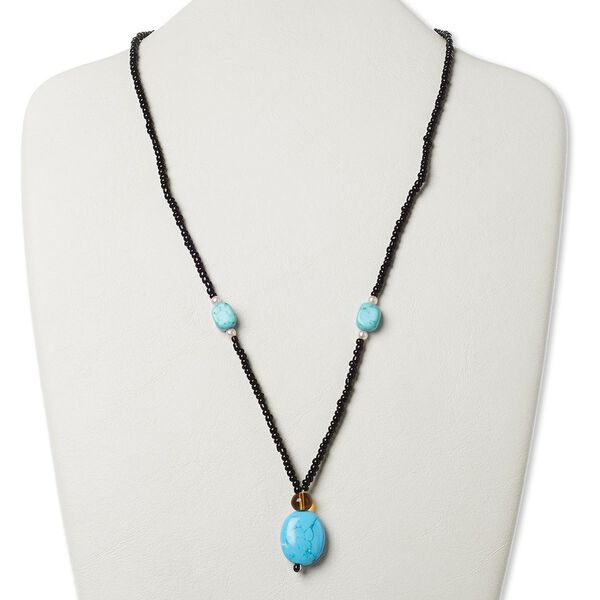 Multi-gemstone / glass / "pewter" (zinc-based alloy) 1pkg1, silver-finished / antique gold-finished puffed oval necklace 17 inch / lobster claw clasp 21x18mm image number 0