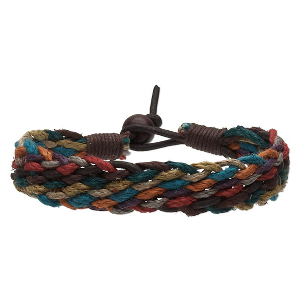 Bracelet, leather / bone (dyed) / flax / waxed cotton cord, multicolored, 16mm wide braided, 7 inches with button clasp. Sold individually. image number 0