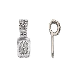 Bail, glue-on, antique silver-plated pewter (tin-based alloy), 22x8mm with 12x8mm rectangle flat base and decorative design. Sold per pkg of 2.