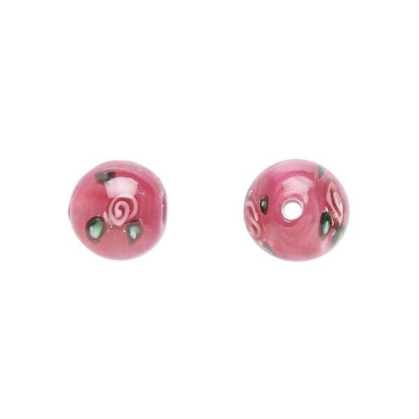 Bead, Czech lampworked glass, opaque pink and green, 8-9mm round with flower design. Sold per pkg of 6. image number 0