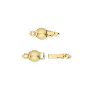 Clasp tab 1pkg2 satin gold-plated, 6mm round / safety latch, brass 1-strand