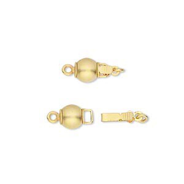Clasp, tab with safety, gold-plated brass, 6mm satin round. Sold per pkg of 2. image number 0