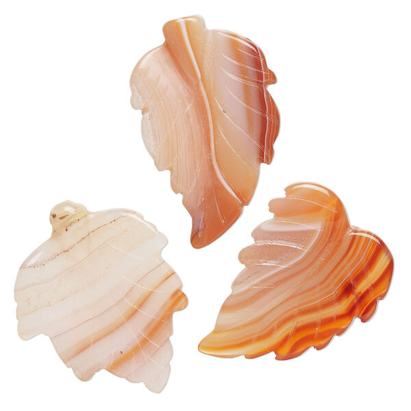 Focal, red agate (dyed/heated), 35x26mm-40x28mm single-sided carved leaf, B- grade, Mohs hardness 6-1/2 to 7. Sold per pkg of 3. image number 0