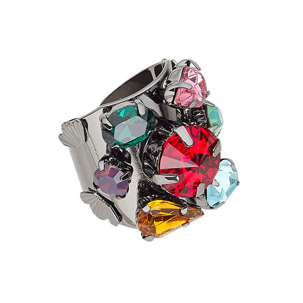 Ring, crystals and gunmetal-plated "pewter" (zinc-based alloy), multicolored, 21mm wide with cutout design, adjustable. Sold individually. image number 0