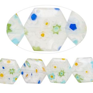 Bead, millefiori glass, translucent clear and multicolored, 12-13mm puffed hexagon with flower design. Sold per 14-inch strand.
