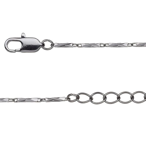 Chain, gunmetal-finished brass, 7x1.5mm diamond-cut rectangle tube, 16 inches with 1-1/4 inch extender chain and lobster claw clasp. Sold individually. image number 0