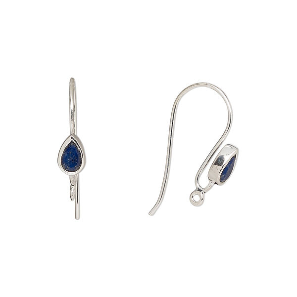 Ear wire, lapis lazuli (natural) and sterling silver, 16mm fishhook with 6x4mm teardrop and closed loop, 22 gauge. Sold per pair. image number 0