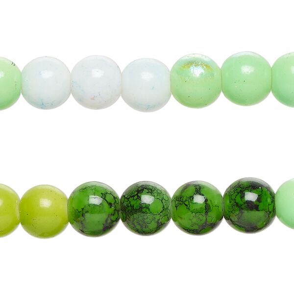 Bead, glass, opaque and translucent greens, 8-8.5mm round. Sold per pkg of (2) 7-inch strands, approximately 50 beads. image number 0