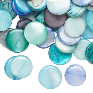 Mother-of-pearl shell 1pkg4oz, puffed flat round bead mix multi-blue 9-12mm