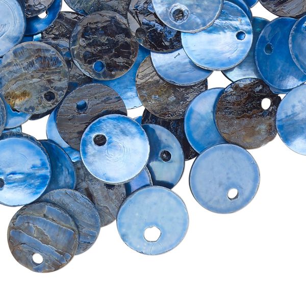 Drop, mussel shell (dyed / coated), dark blue, 10mm flat round. Sold per pkg of 100. image number 0