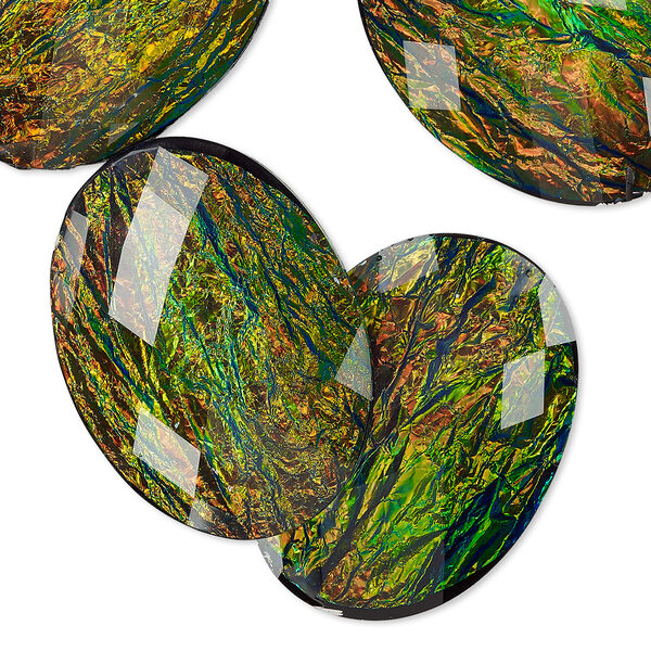 Cabochon, resin, opalescent black and multicolored, 40x30mm non-calibrated faceted oval. Sold per pkg of 4. image number 0