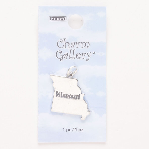 Charm, steel and enamel, pkg/1, silver finish and black, 21x20mm with "Missouri." image number 0