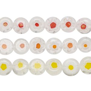 Bead mix, millefiori glass, translucent clear and red / orange / yellow, 8-9mm puffed flat round with flower design. Sold per pkg of (3) 14-inch strands, approximately 150 beads.