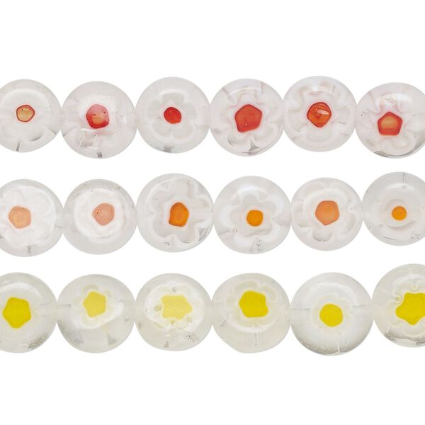 Bead mix, millefiori glass, translucent clear and red / orange / yellow, 8-9mm puffed flat round with flower design. Sold per pkg of (3) 14-inch strands, approximately 150 beads. image number 0
