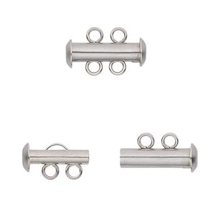 Clasp slide lock 1pkg10, 16.5x6mm tube, stainless steel 2-strand