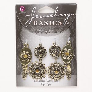 Link assortment, brass and acrylic, pkg/8, antique gold finish and amber, assorted sizes and shapes.