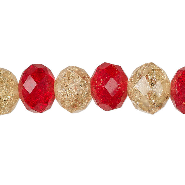 Bead, crackle glass, translucent red and yellow, 12x9mm faceted rondelle. Sold per pkg of 20. image number 0