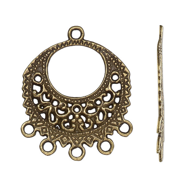 Drop, antique brass-finished "pewter" (zinc-based alloy), 26mm single-sided go-go with fancy design and 5 closed loops. Sold per pkg of 10. image number 0