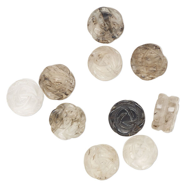 Bead, tourmalinated quartz (natural), 11-12mm carved flower, B- grade, Mohs hardness 7. Sold per pkg of 10. image number 0