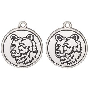 Drop, antique silver-finished "pewter" (zinc alloy) and enamel, black, 21mm round with bear head design. Sold per pkg of 2.
