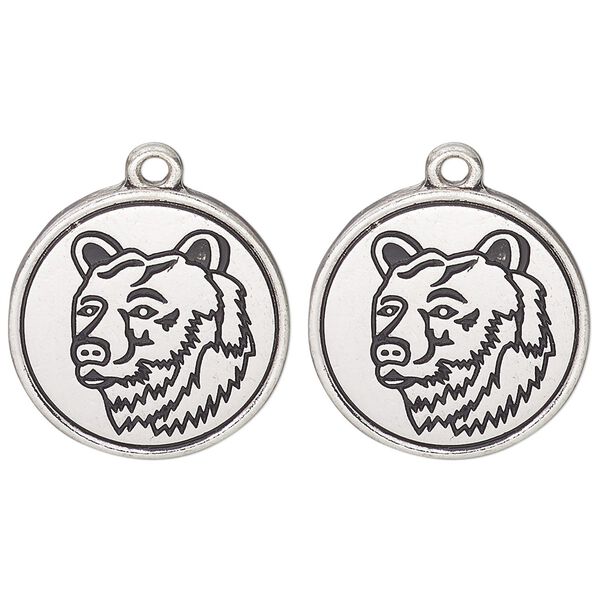 Drop, antique silver-finished "pewter" (zinc alloy) and enamel, black, 21mm round with bear head design. Sold per pkg of 2. image number 0
