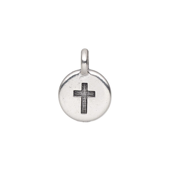 Drop, TierraCast®, antique silver-plated pewter (tin-based alloy), 11.5mm single-sided round with cross. Sold per pkg of 20. image number 0