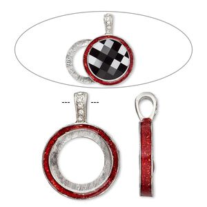 Pendant, Almost Instant Jewelry®, epoxy / crystals / imitation rhodium-finished "pewter" (zinc-based alloy), light Siam red and crystal clear with glitter, 33x24mm single-sided with 20mm round setting. Sold individually.