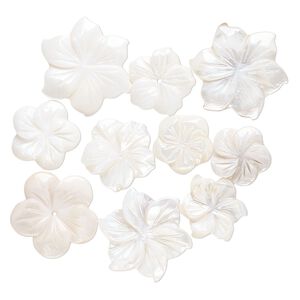 Component mix, mother-of-pearl shell (bleached), pkg/10, 12-25mm carved flower, Mohs hardness 3-1/2.
