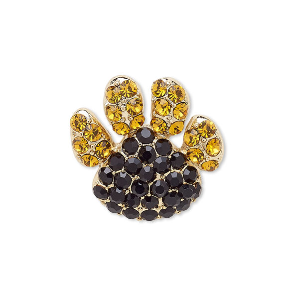 Spot pin, Czech glass rhinestone with gold-finished brass and "pewter" (zinc-based alloy), amber brown and black, 32x24mm paw. Sold individually. image number 0