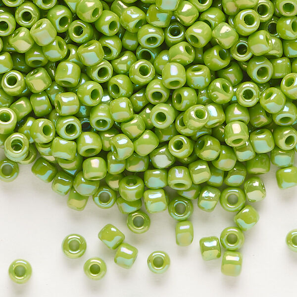 Seed bead, Dyna-Mites™, glass, opaque rainbow jade green, #6 round. Sold per 40-gram pkg. image number 0