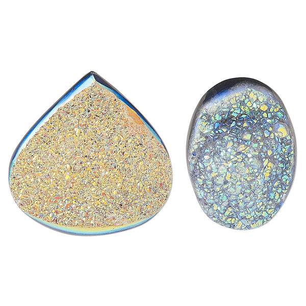 Cabochon, druzy agate (coated), multicolored dichroic 15x13mm-36x32mm light blue, blue, cream and more non-calibrated hand-cut mixed shapes, C grade, Mohs hardness 6-1/2 to 7. Sold per pkg of 2. image number 0