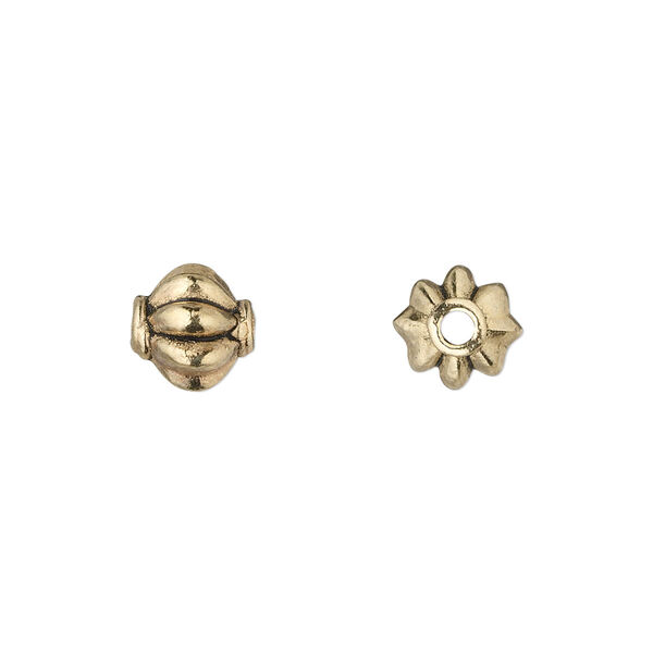 Bead, antique gold-finished "pewter" (zinc-based alloy), 8x8mm rimmed fluted round. Sold per pkg of 20. image number 0