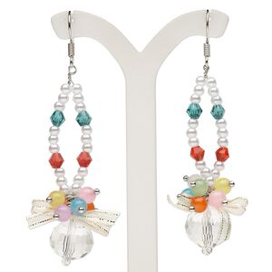 Earring, acrylic / glass / organza ribbon / silver-finished steel, multicolored, faceted round, 2-1/2 inches with fishhook ear wire. Sold per pair.