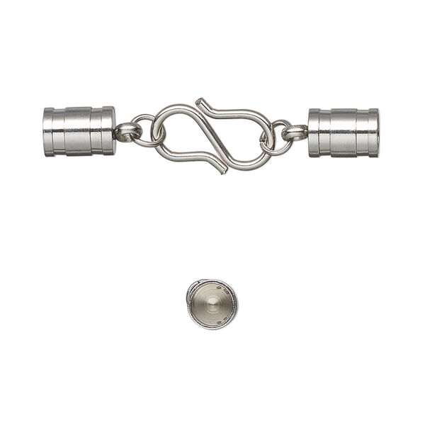 Clasp, S-hook, stainless steel, 33x7mm clasp with 13x7mm hook and 7x5mm glue-in tube ends, 4mm inside diameter. Sold individually. image number 0