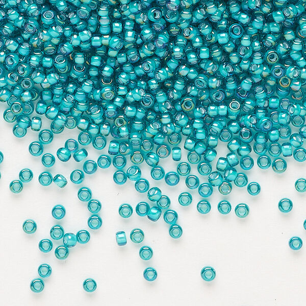 Seed bead, Miyuki, glass, pkg/25g, #11 rocaille, translucent white-lined luster teal, (RR-3765). image number 0