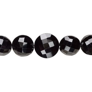 Black spinel 1pkg1, hand-cut faceted puffed flat round bead natural 4 inch graduated 8-12mm